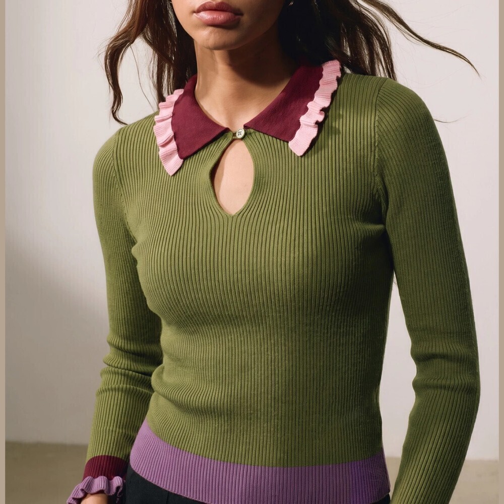 Olive Green Ribbed Knit Colorblock Ruffle Collar Keyhole Sweater - Picture 4 of 7